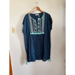 Seafolly XL Blue Linen Embroidered Tunic Dress NWT coverup boho coastal Beachy